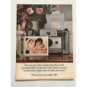 Vtg 1960s Polaroid Color Pack Camera Print Ad Mother & Baby Twins Bouquet Love